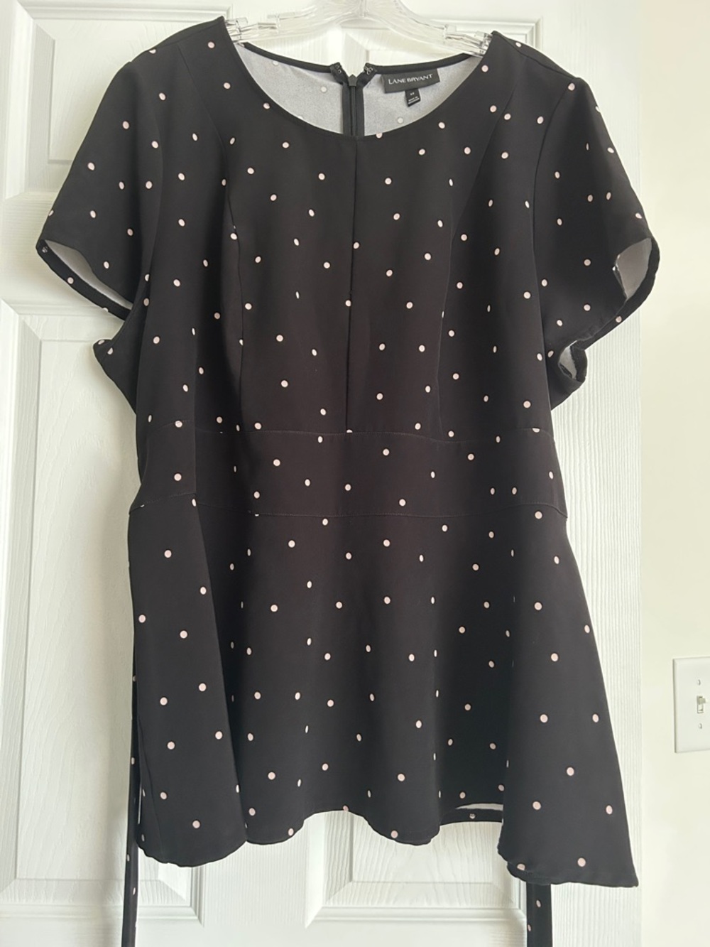 Lane Bryant Black Peplum Blouse with Pink Polka Dots